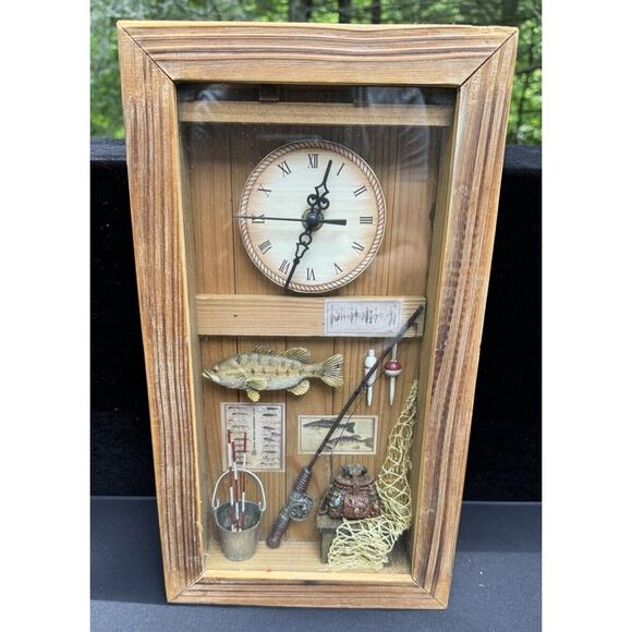 Vintage Fishing Shadowbox and Wall Clock Man Cave Decor Log Cabin Works - Picture 1 of 7